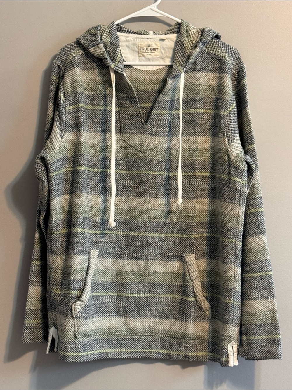 True Grit Baja Hoodie Men’s M Woven Cotton Plaid Pullover Boho Surf